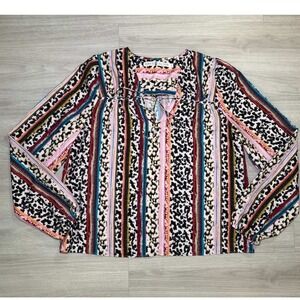 Marie Oliver Striped Leopard Print Lace Up V Neck Long Sleeve Boho Blouse Top M